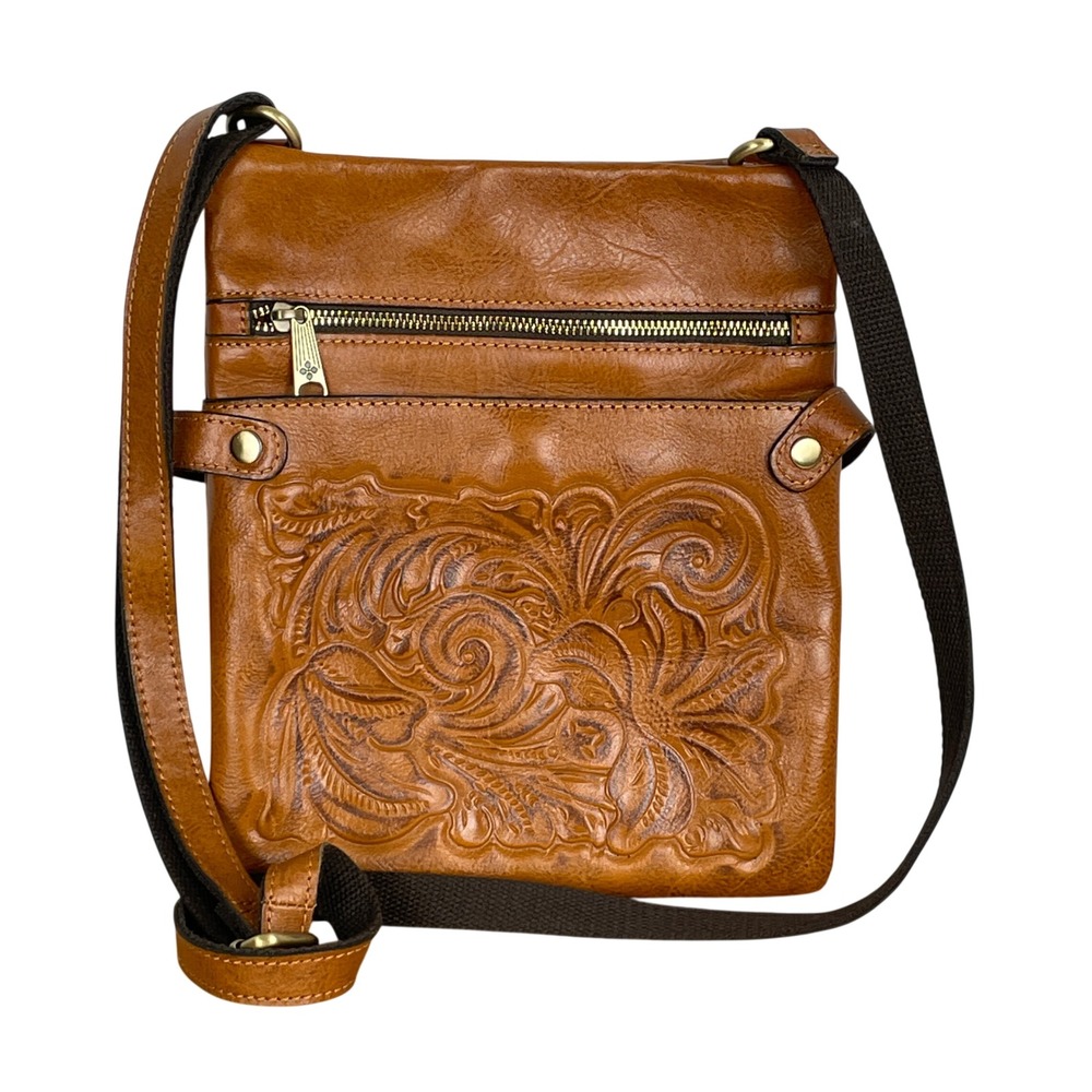 Patricia Nash Brown Tooled Leather Floral Crossbody Bag Adjustable Strap Boho